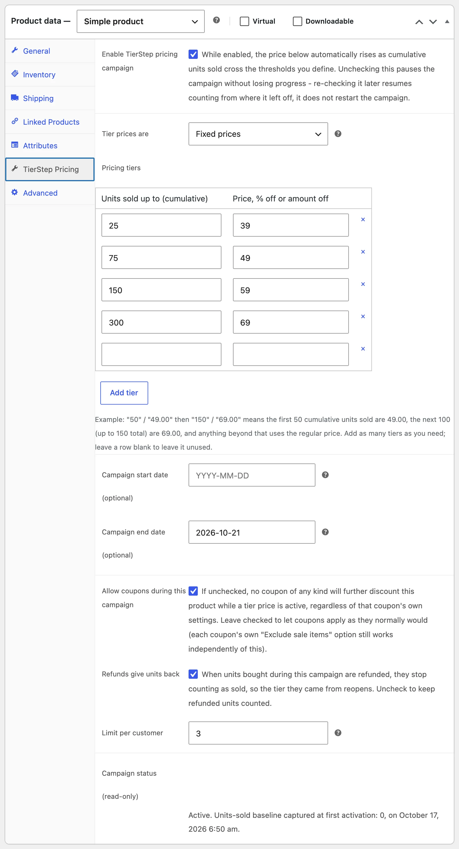 The TierStep Pricing tab with four tiers, an end date and a limit per customer