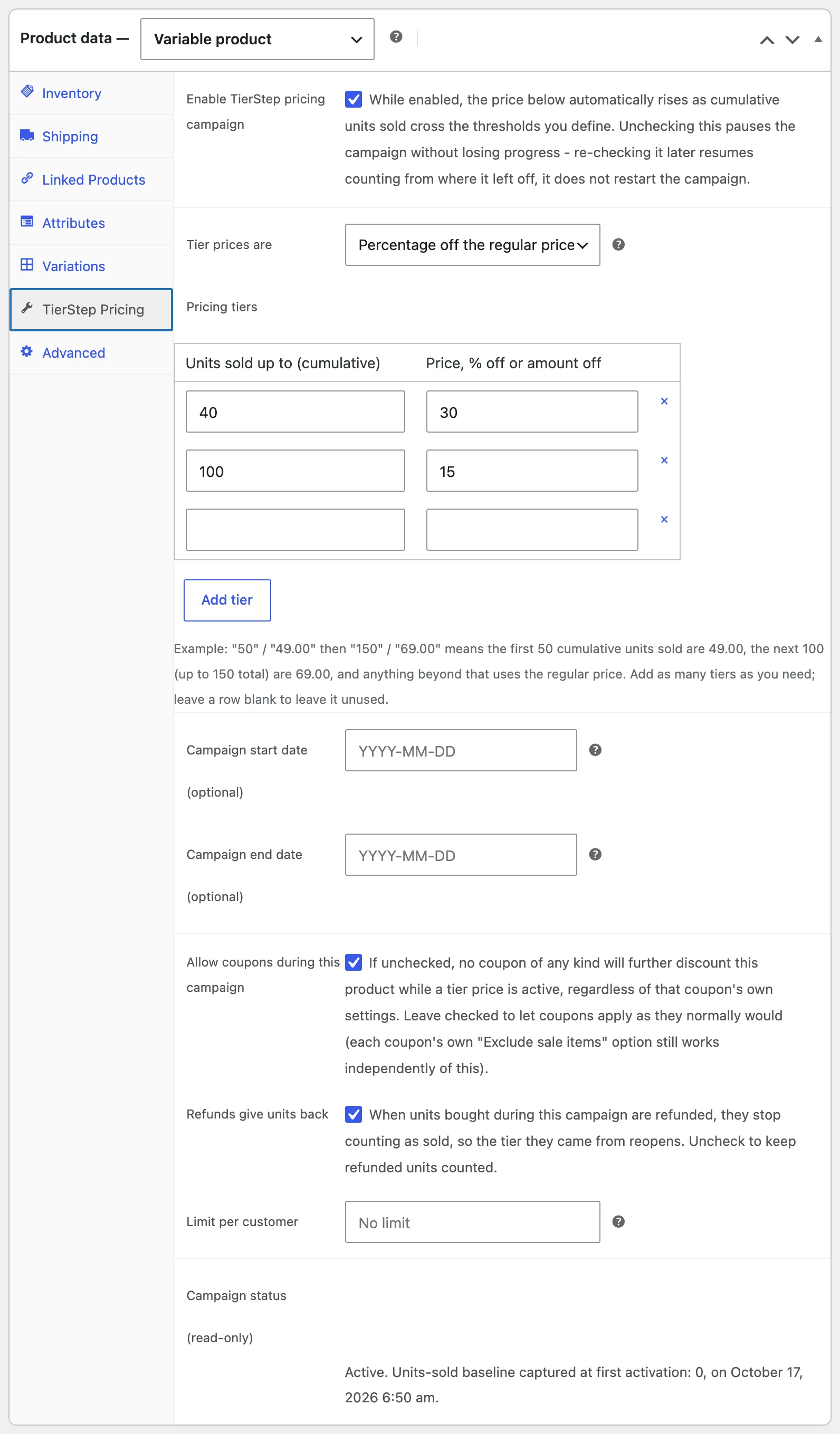 The TierStep Pricing tab on a variable product, using percentage-off tiers