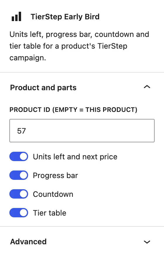 The TierStep Early Bird block settings: Product ID and a switch for each part