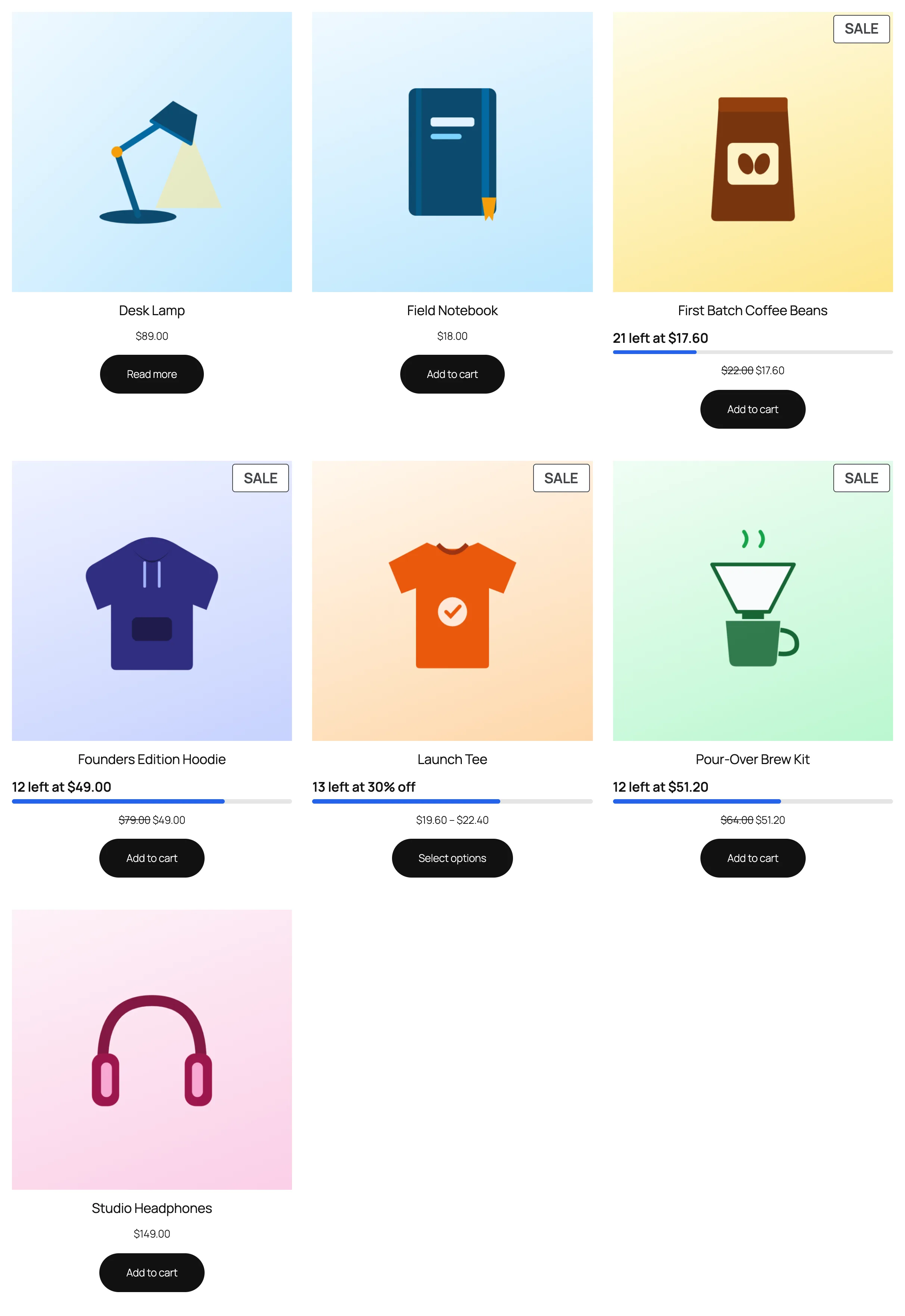 The shop page: the Desk Lamp card with a Read more button, next to products with Add to cart