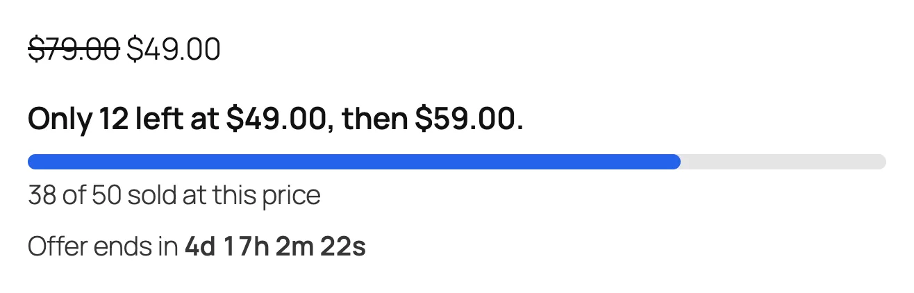 The product page shows the early-bird price, units left, progress and countdown