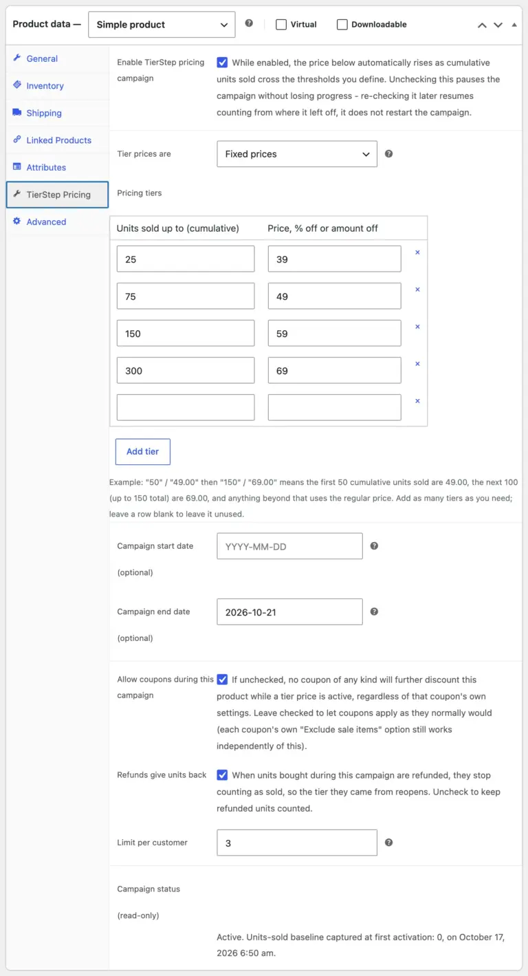 The TierStep Pricing tab with four price tiers, an end date and a limit per customer