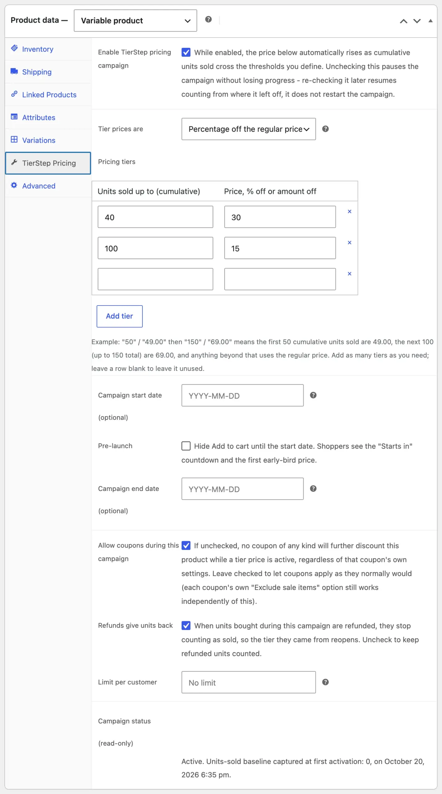 The TierStep Pricing tab set to "Percentage off the regular price": 30% off the first 40 units, then 15% off