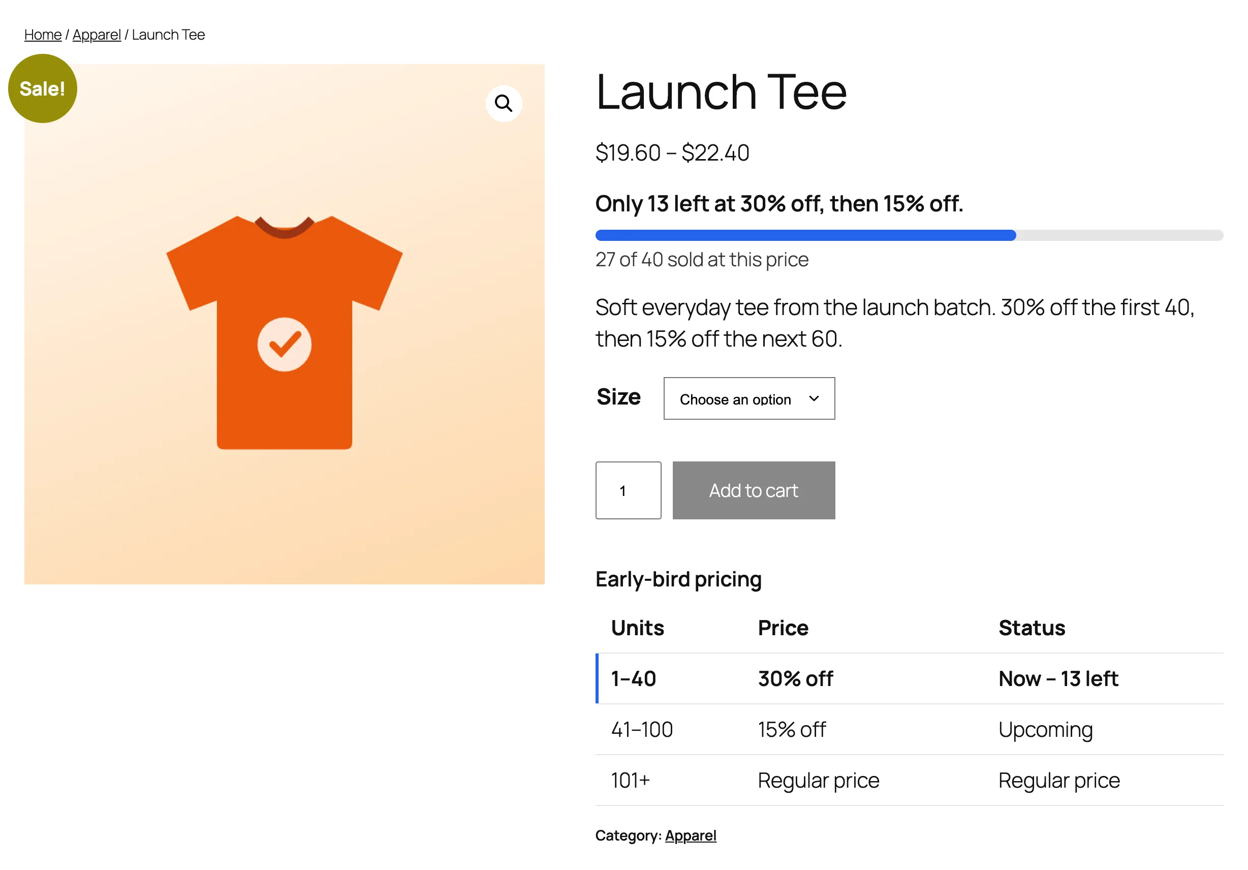 A percentage-off campaign on a variable product page: only 13 left at 30% off, then 15% off