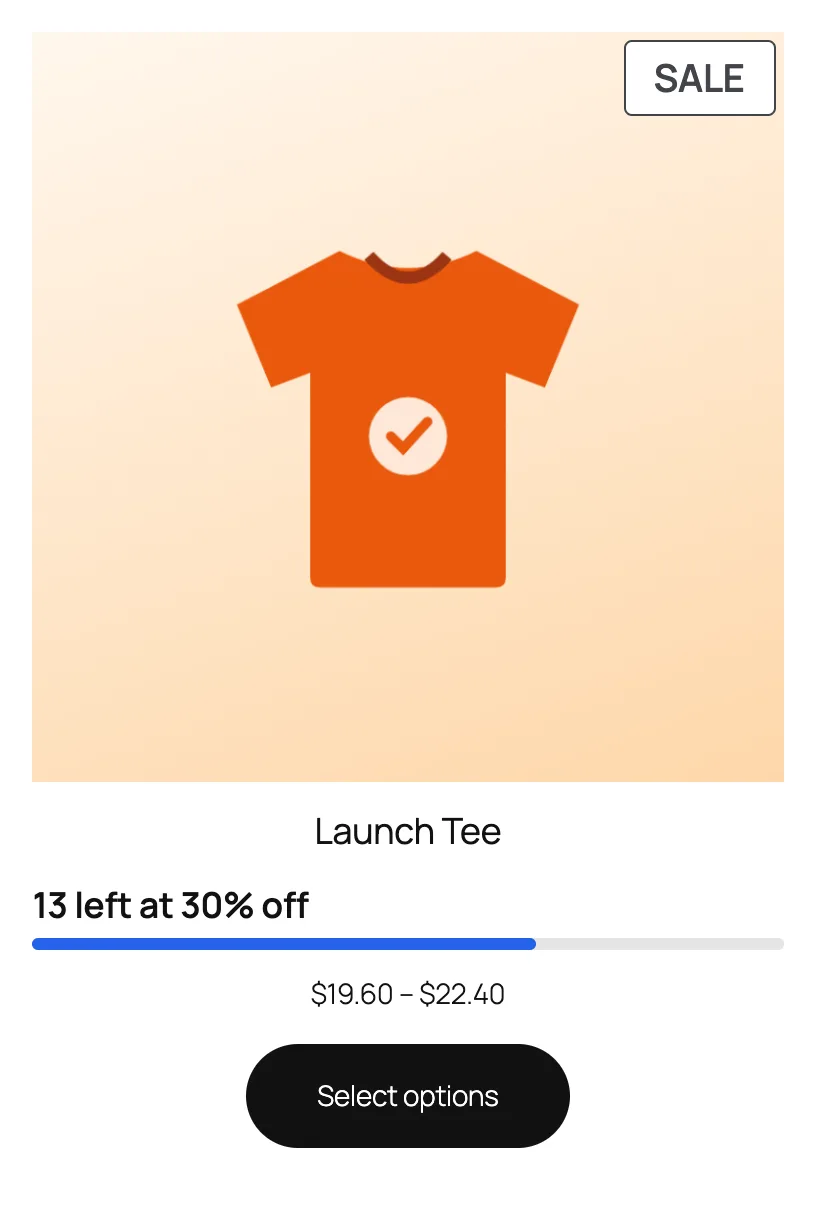 The shop card for a variable product: 13 left at 30% off, $19.60 to $22.40