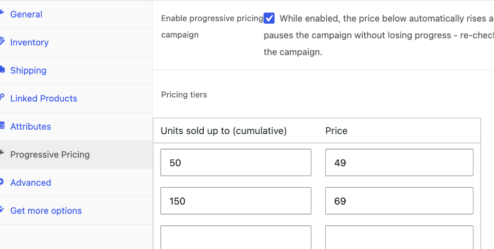 TierStep's Progressive Pricing tab in the WooCommerce product editor, showing pricing tiers